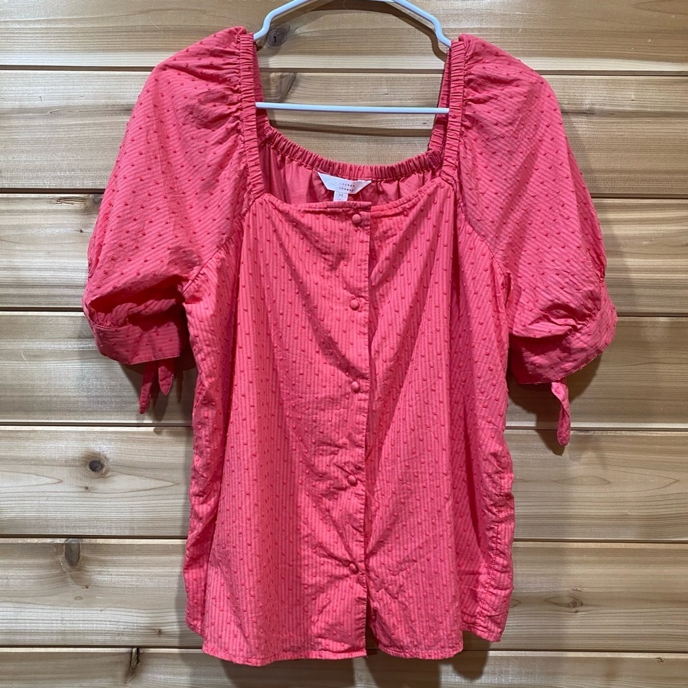 Women's Pink Puff Sleeve Swiss Dots Blouse Covered Buttons Knot Sleeve SZ Medium - Picture 3 of 10